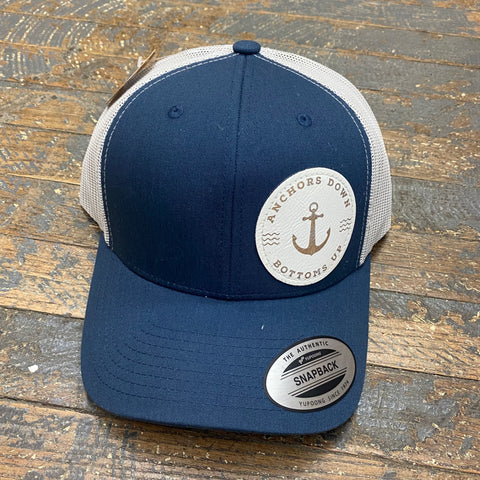 Anchor Down Bottoms Up Leather Patch Trucker Ball Cap Denim White