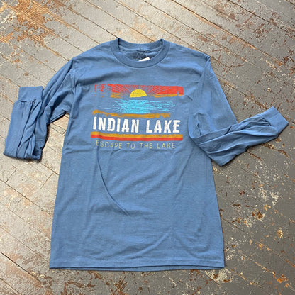 Escape to the Lake Indian Lake Steel Blue Graphic Designer Long Sleeve T-Shirt