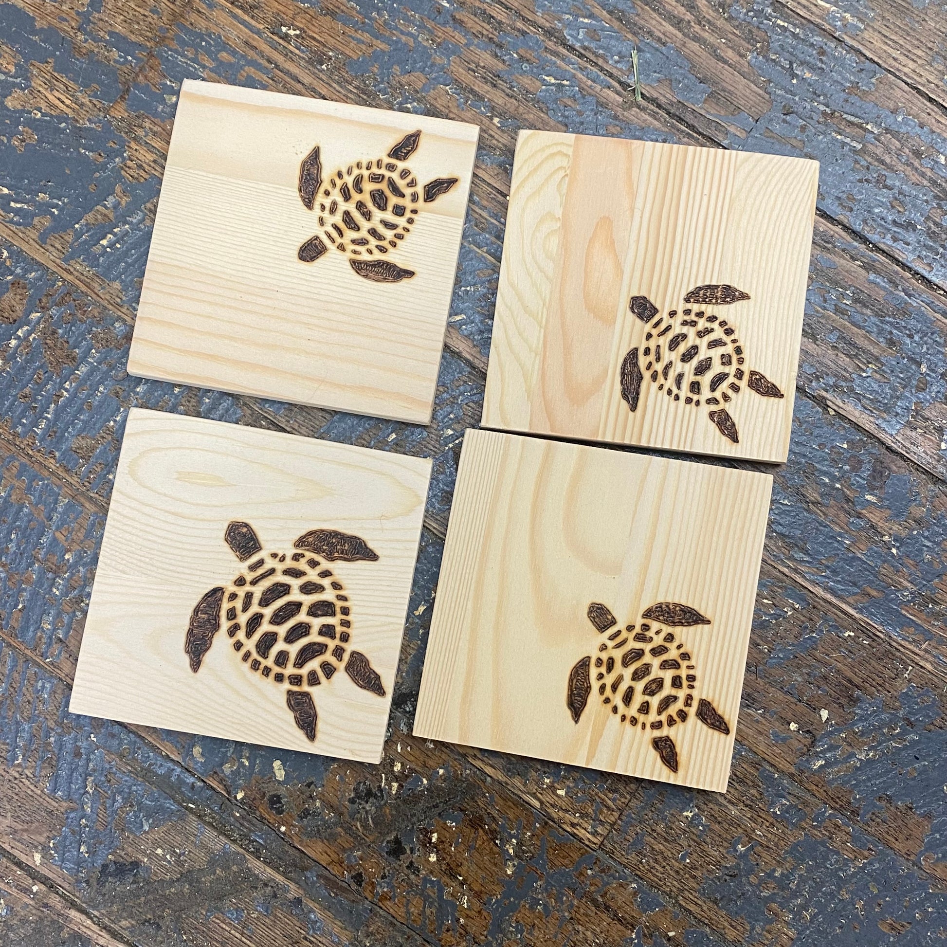 Hand Engraved Wood Coaster Set Turtles