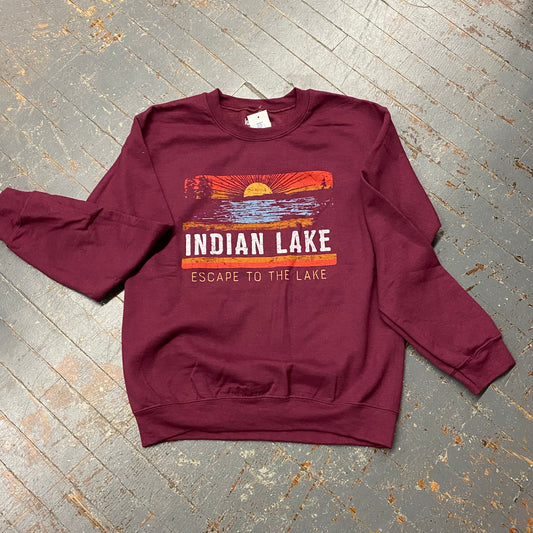 Escape to the Lake Indian Lake Burgundy Graphic Designer Long Sleeve Crew Neck Sweatshirt