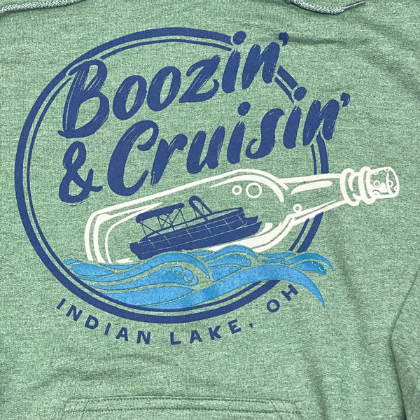 Boozin' Cruisin' Indian Lake OH Heather Hunter Green Graphic Designer Long Sleeve Sweatshirt Hoody