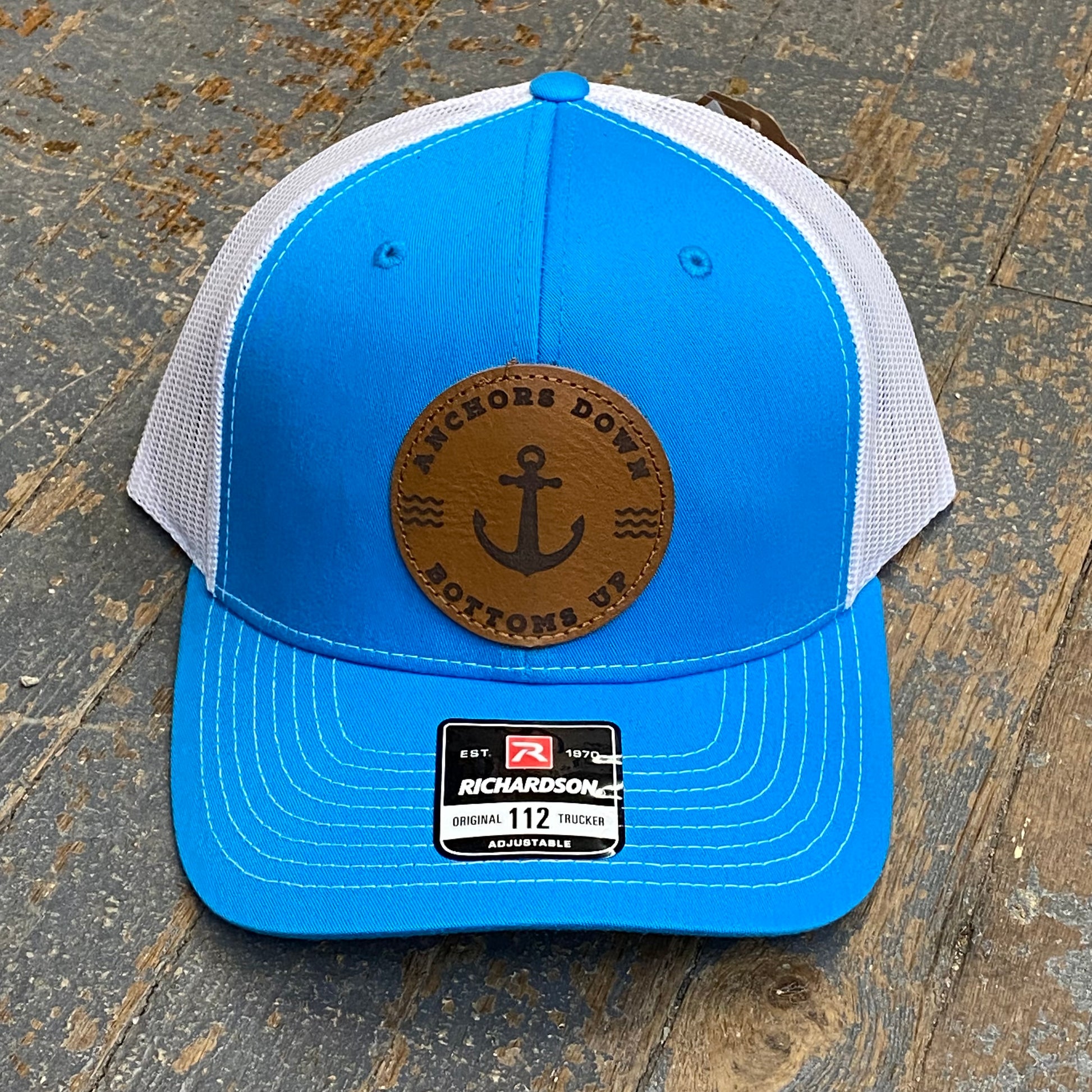 Anchor Down Bottoms Up Leather Patch Trucker Ball Cap Bright Blue White