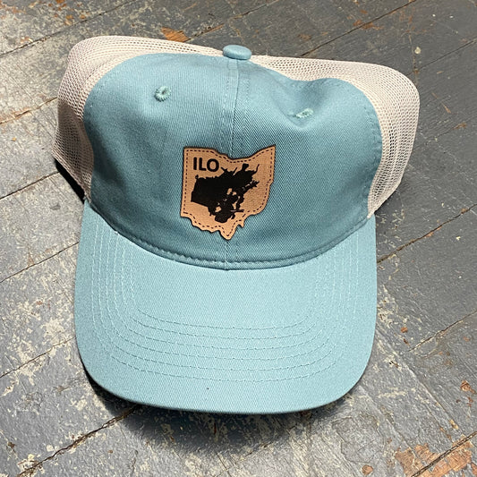 Indian Lake Ohio Map Leather Patch Steel Aqua Neutral Trucker Ball Cap