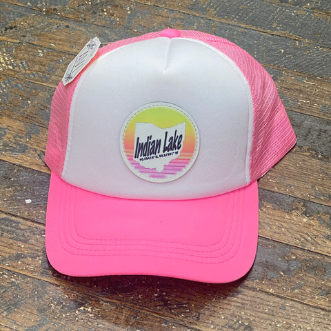 Indian Lake Coordinates Leather Patch Trucker Ball Cap White Neon Pink
