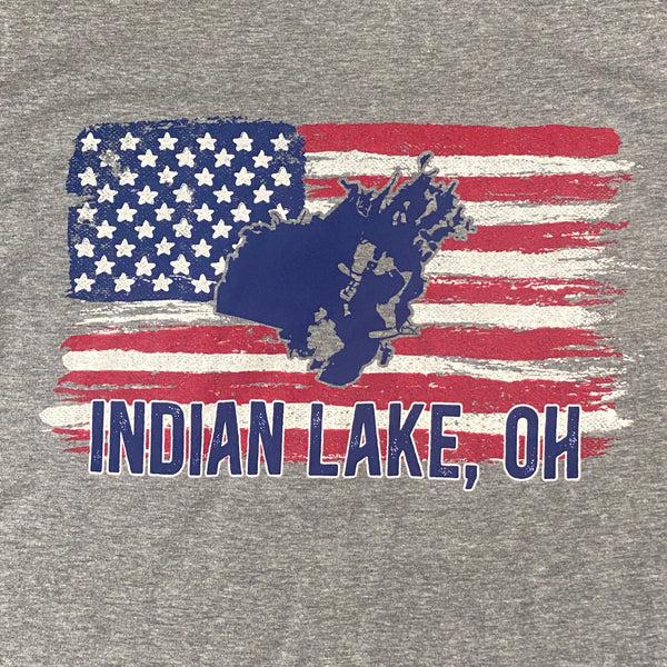 Indian Lake Ohio Map American Flag Grey Graphic Designer Short Sleeve T-Shirt