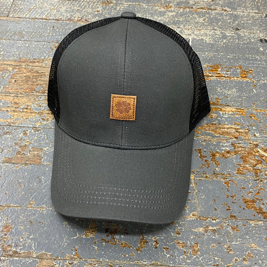 Lucky Clover Leather Patch Trucker Ball Cap Grey Black