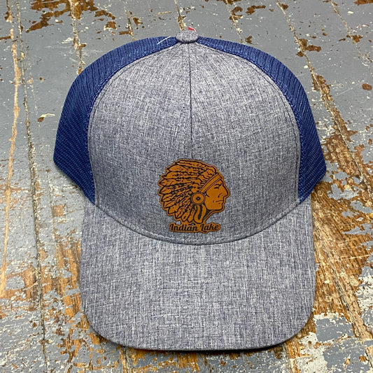 Indian Lake Ohio Indian Leather Patch Trucker Ball Cap Denim Navy