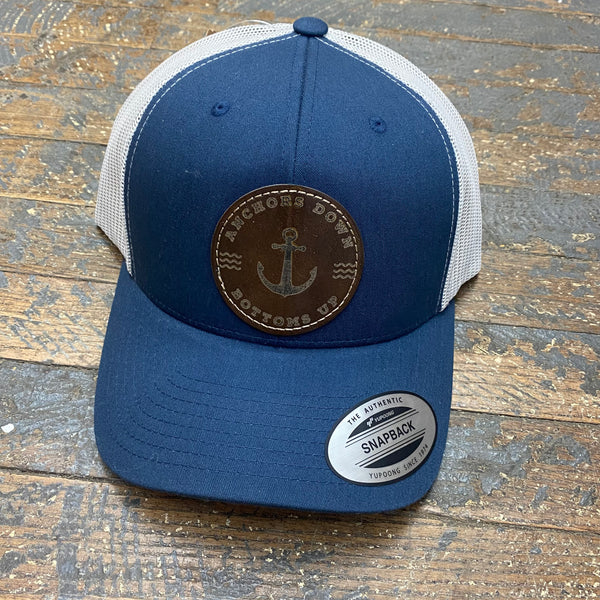 Anchor Down Bottoms Up Leather Patch Trucker Ball Cap Denim White