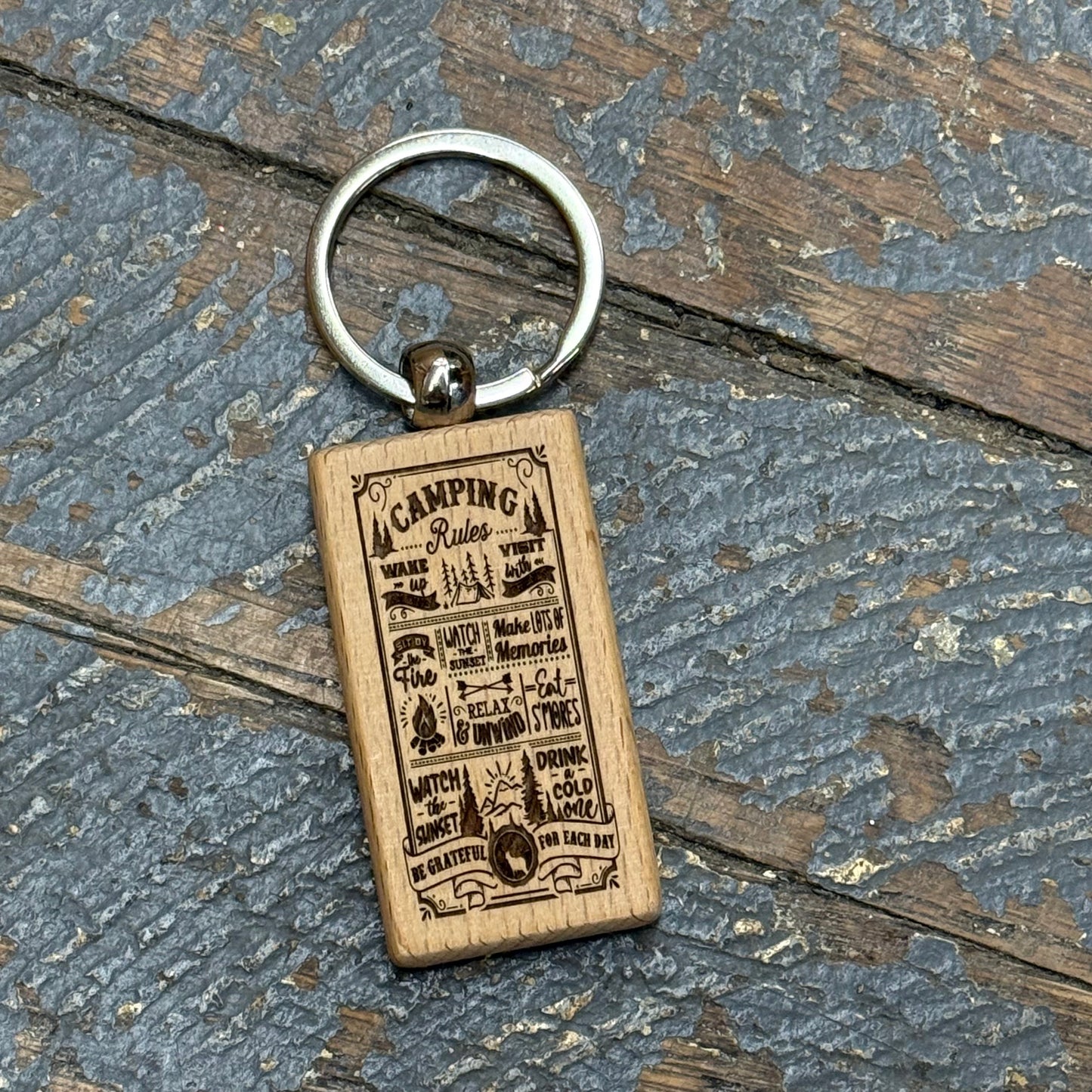 Wood Engraved Key Chain Camping Rules