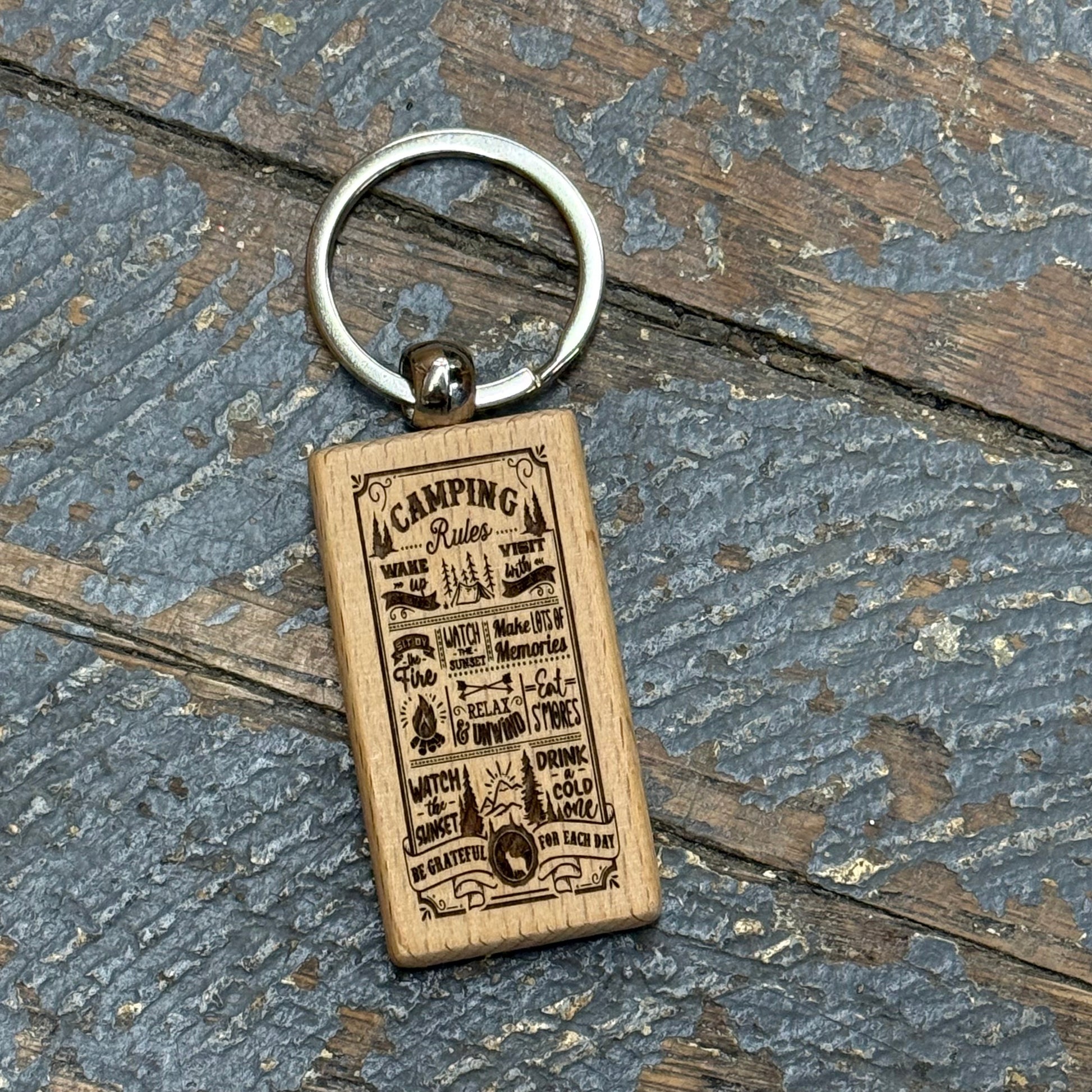 Wood Engraved Key Chain Camping Rules