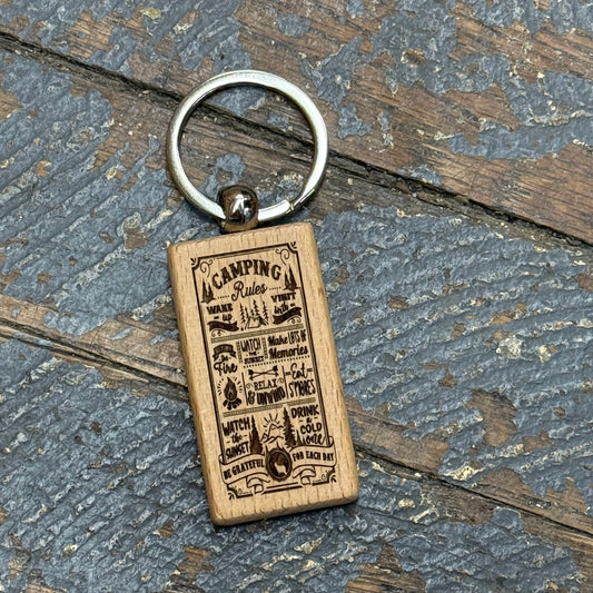 Wood Engraved Key Chain Camping Rules