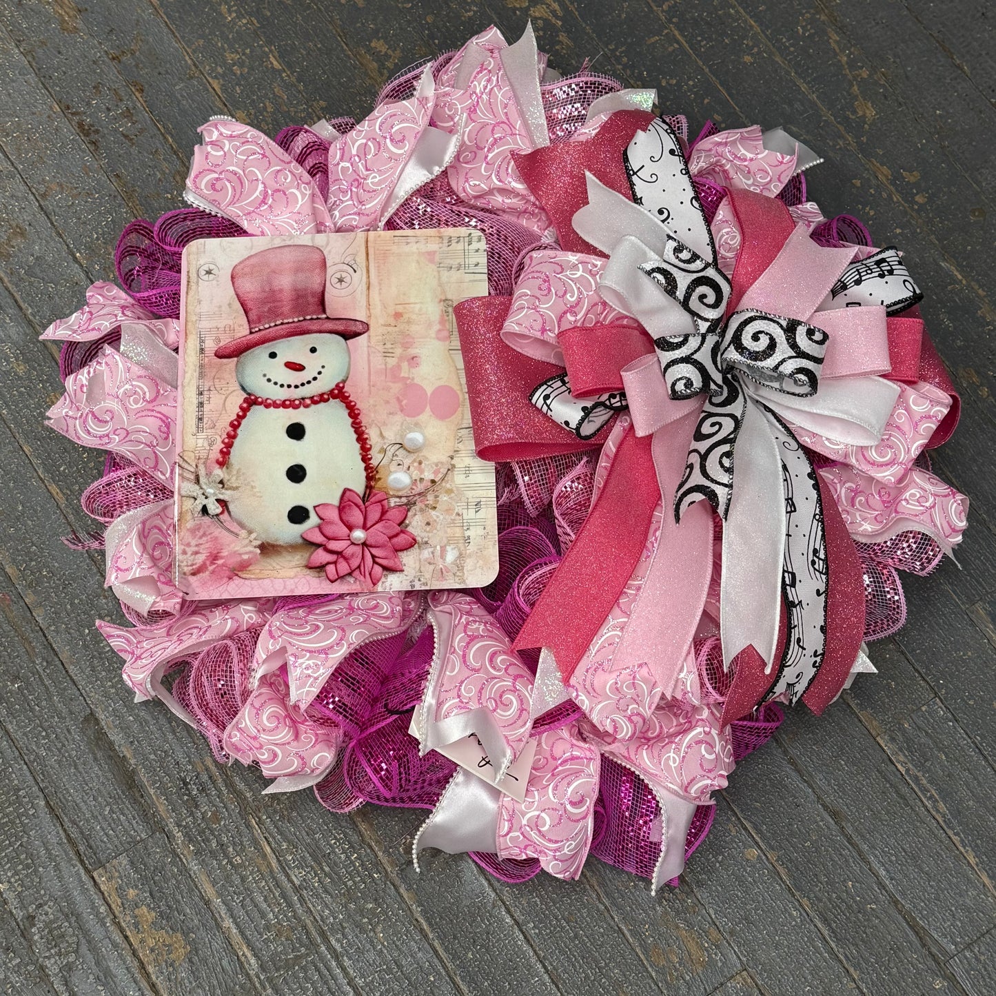 Snowman Pink Christmas Seasonal Holiday Wreath Door Hanger