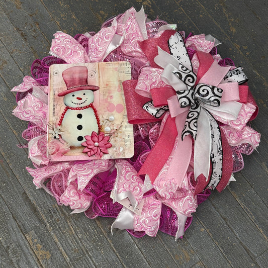 Snowman Pink Christmas Seasonal Holiday Wreath Door Hanger