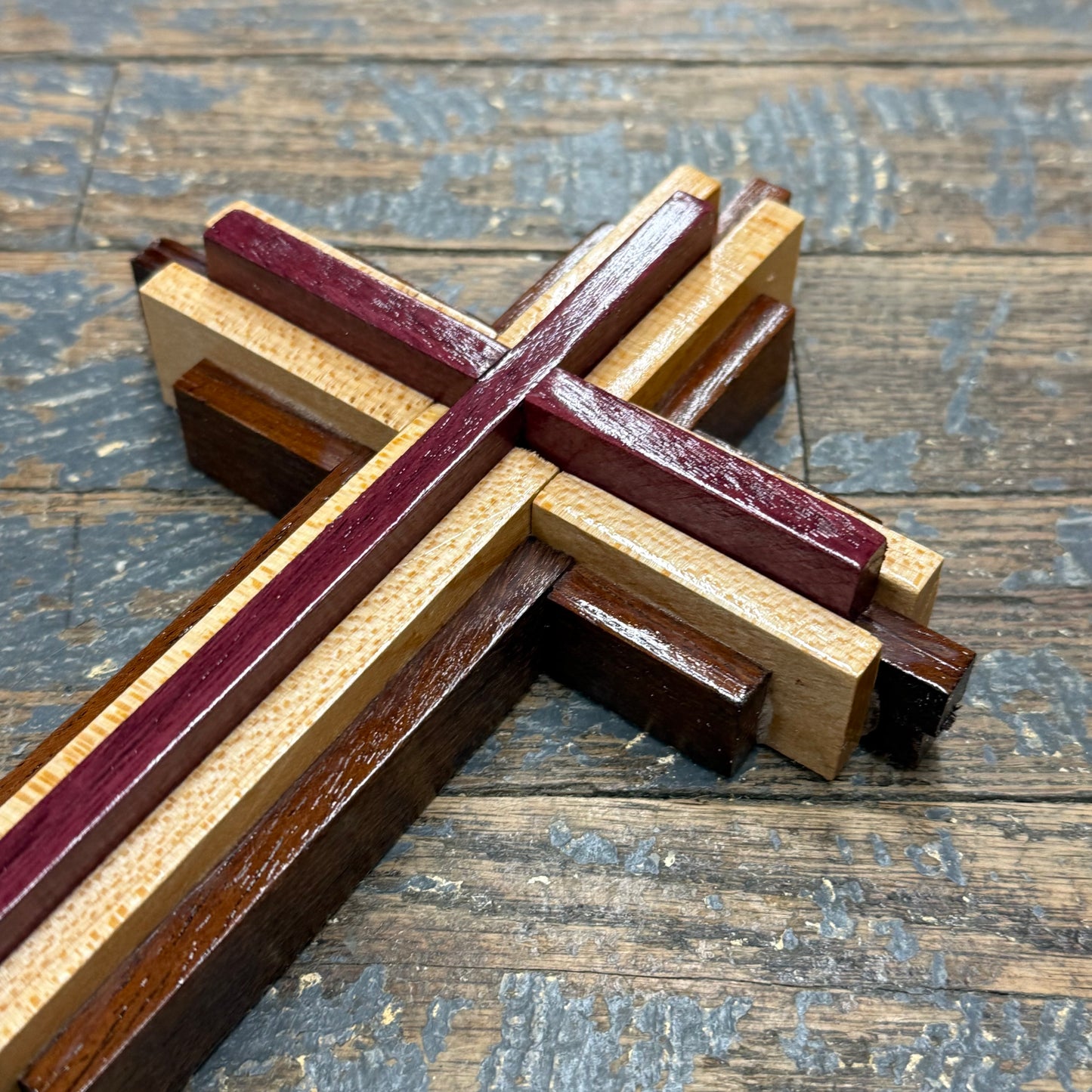 Handmade Layered Dimensional Natural Wooden Resurrection Cross Purple Heart Maple Black Mesquite