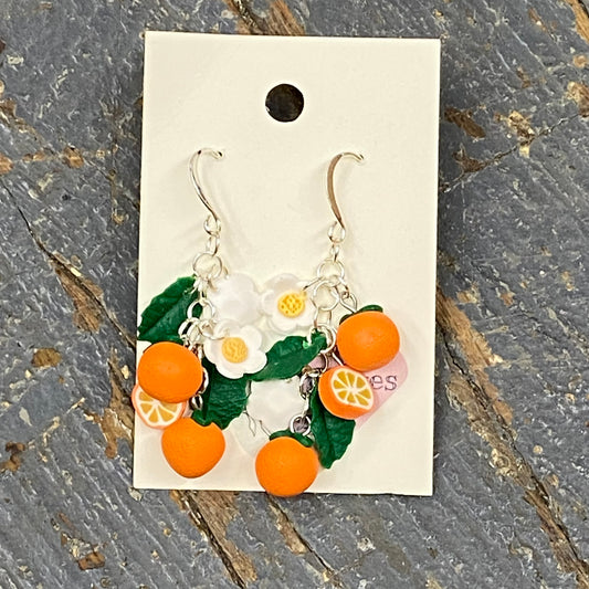 Clay Orange Fruit Flower Leaf Dangle Earring Set