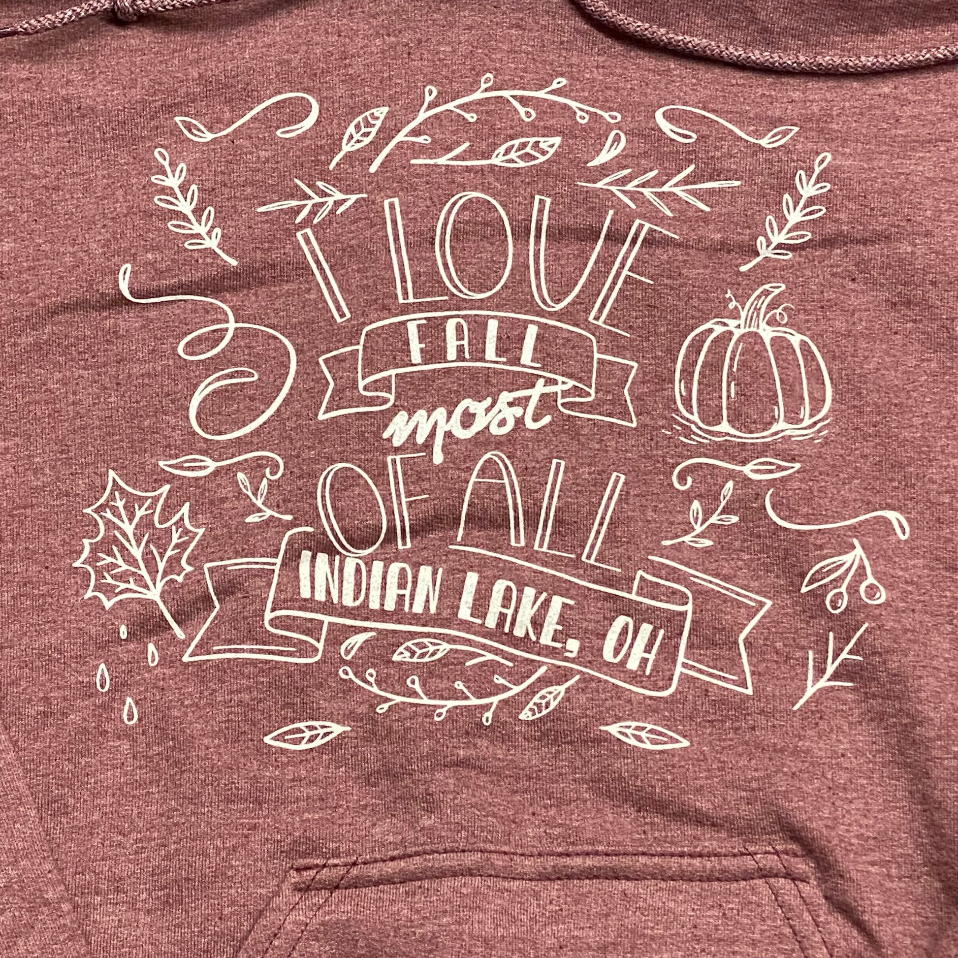 Love Fall Most of All Indian Lake Hoody Heather Plum Graphic Designer Sweatshirt