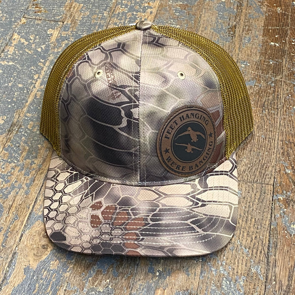 Feet Hanging We're Banging Leather Patch Trucker Ball Cap Camo Bronze