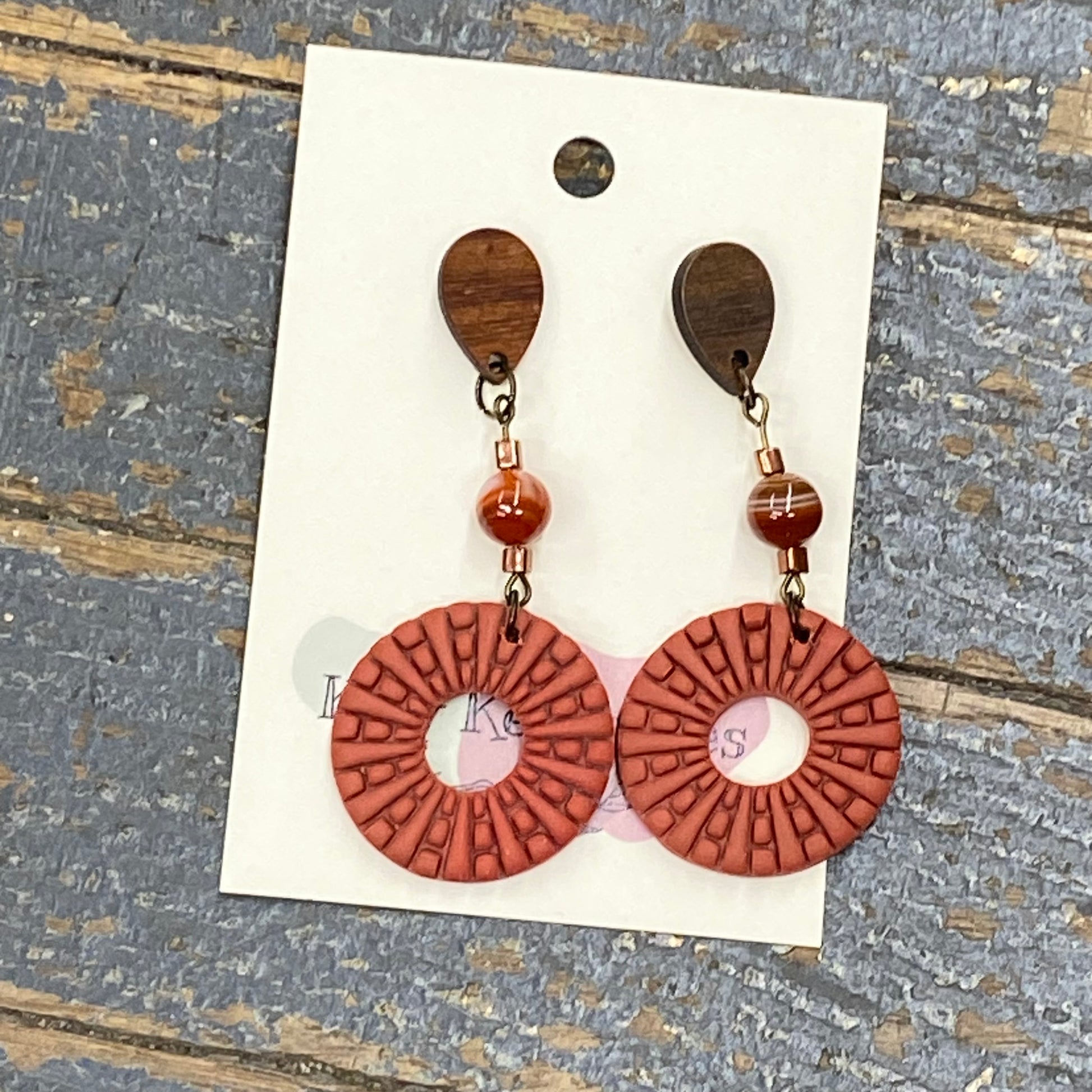 Clay Round Rust Orange Abstract Wood Tear Post Dangle Earring Set