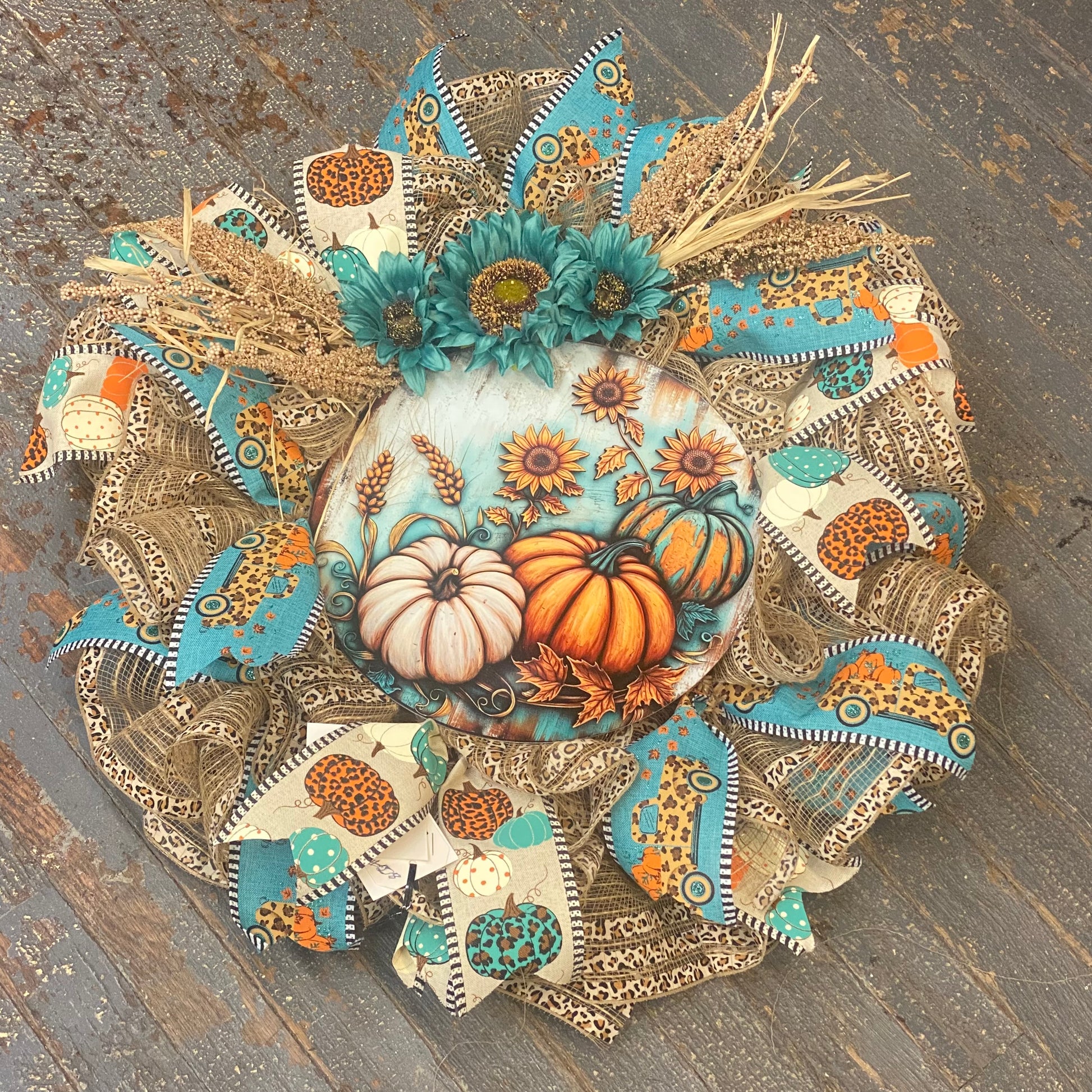 Teal Sunflower Harvest Pumpkin Seasonal Holiday Wreath Door Hanger