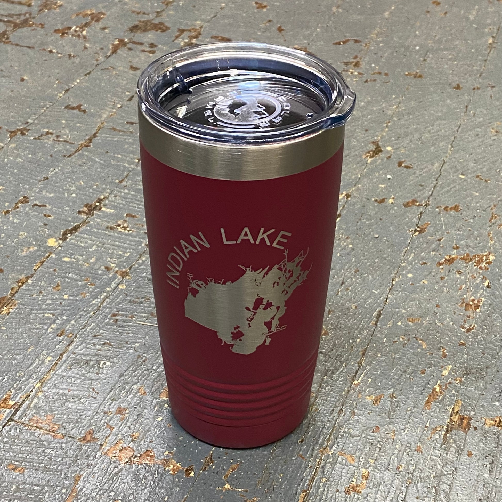 Indian Lake Map Laser Engraved Stainless Steel 20oz Wine Beverage Drink Travel Tumbler Burgundy