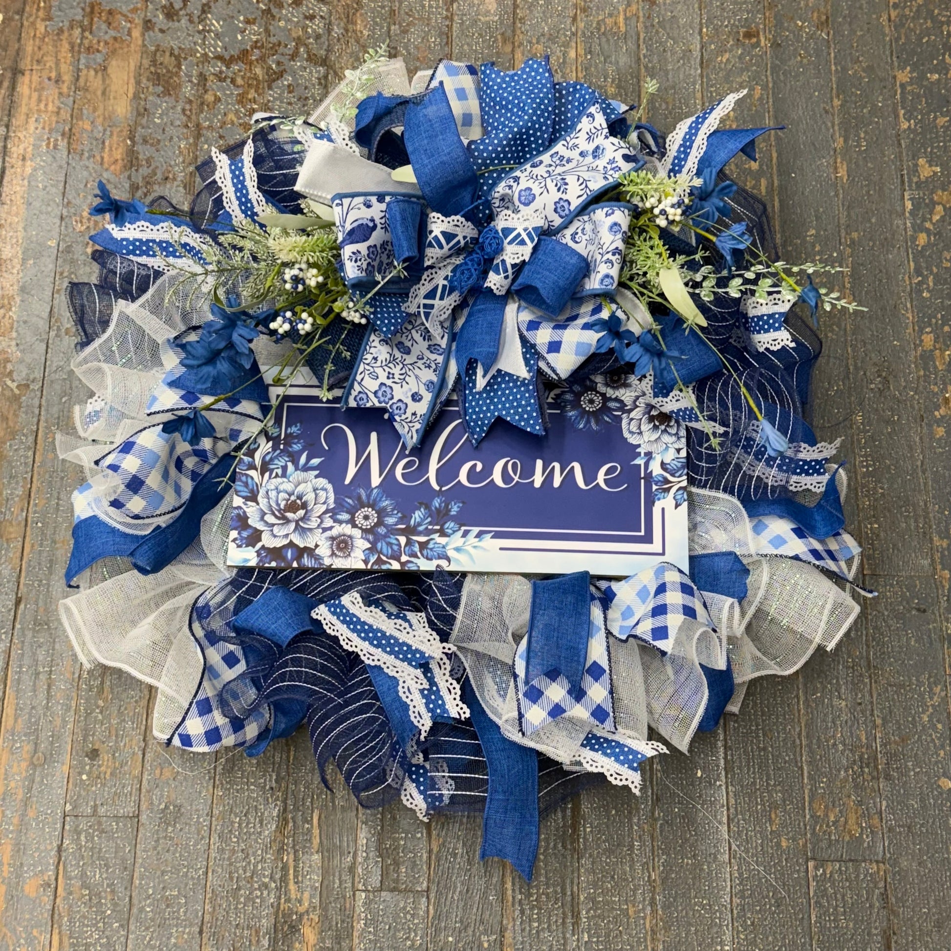Floral Welcome Blue Holiday Wreath Door Hanger