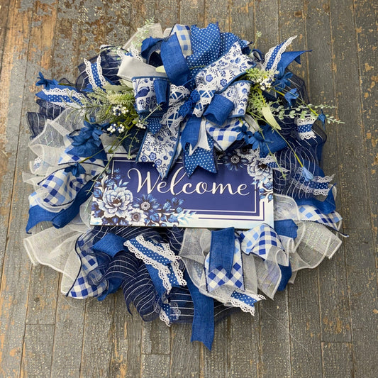 Floral Welcome Blue Holiday Wreath Door Hanger