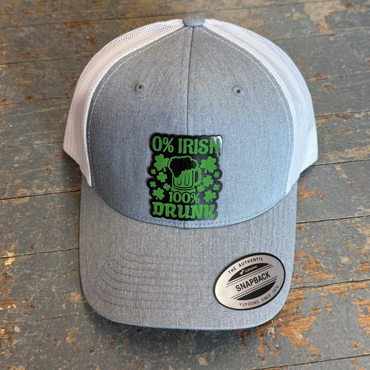 Irish Drunk Leather Patch Trucker Ball Cap Grey White