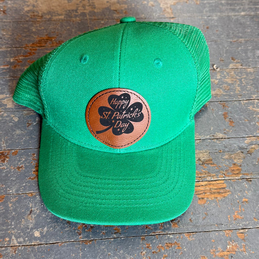 Happy St Patricks Day Clover Leather Patch Trucker Ball Cap Green