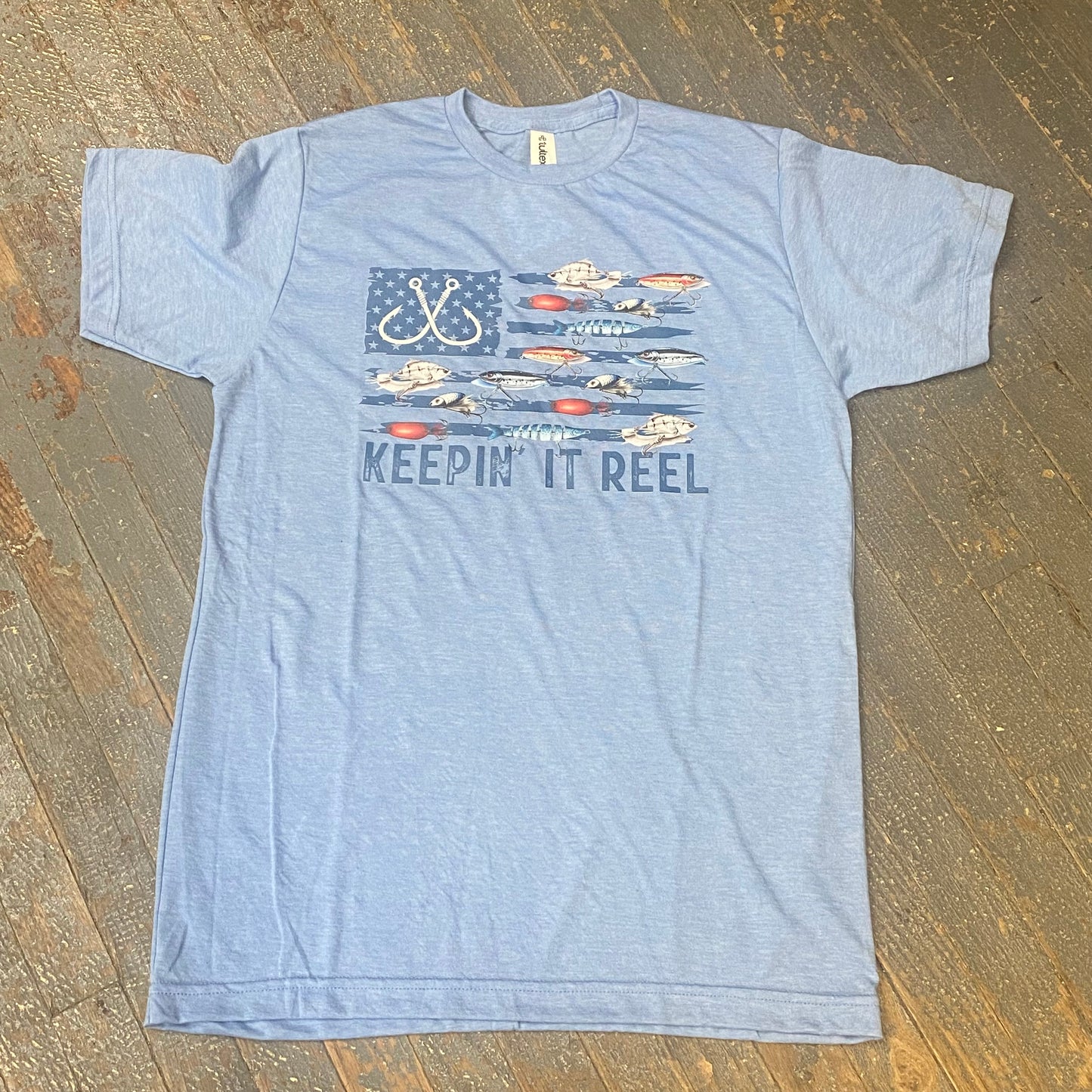 Keepin It Reel Flag Fish Lure Short Sleeve T-Shirt Blue Graphic Designer Tee