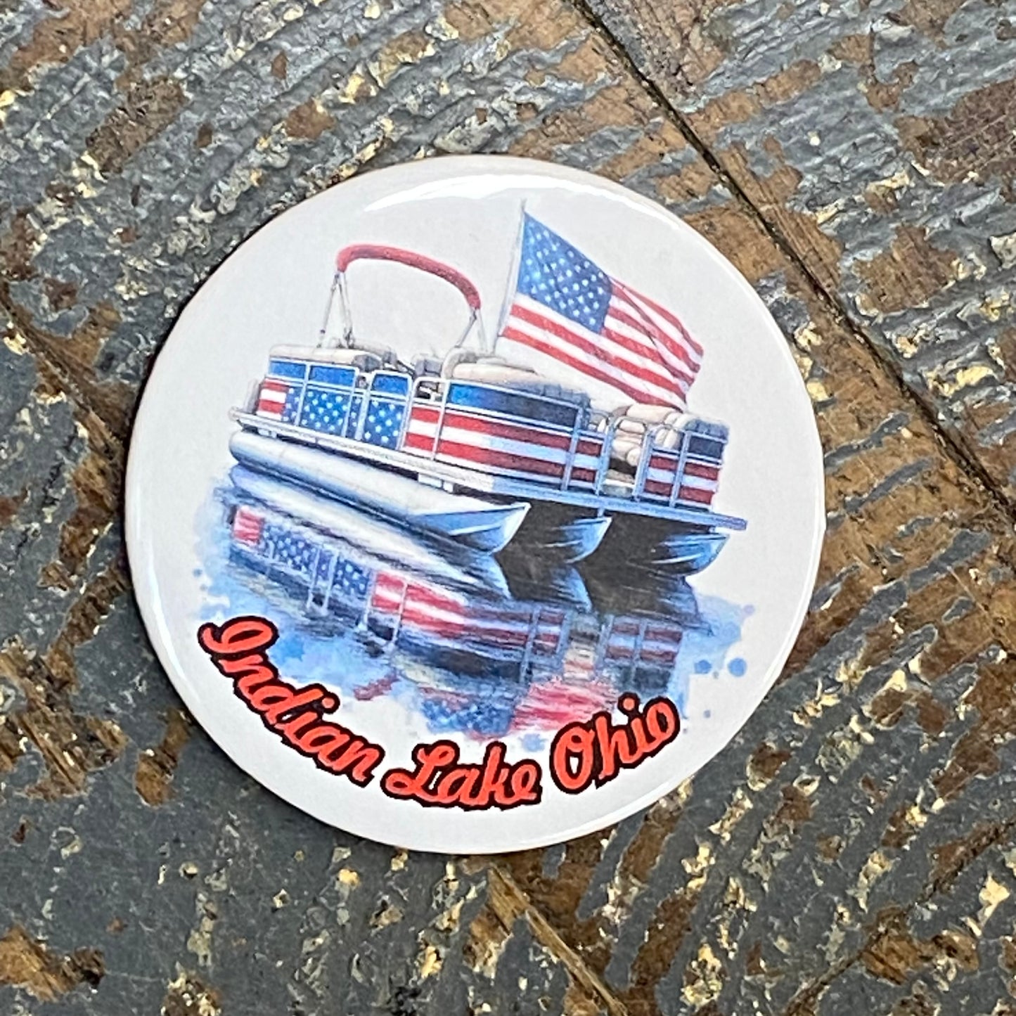 American Flag Pontoon Indian Lake Ohio Button