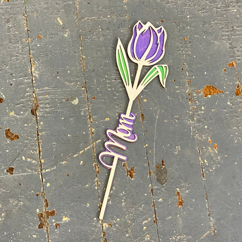 Flower Mom Dimensional Wood Engraved Marker Plant Stake Purple