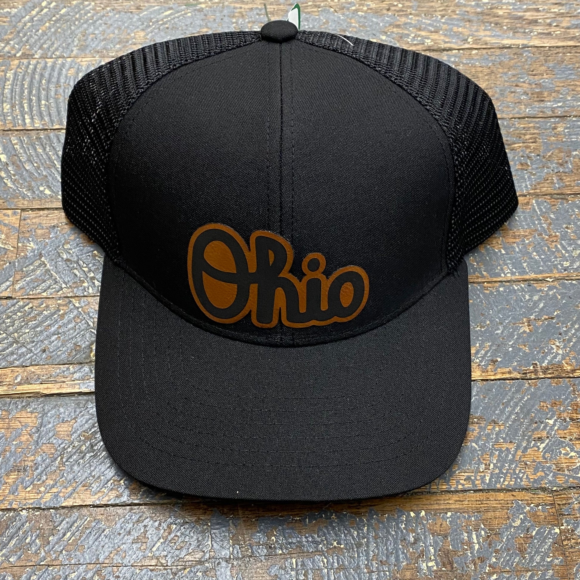 OHIO Script Brown Leather Patch Trucker Ball Cap Black Black