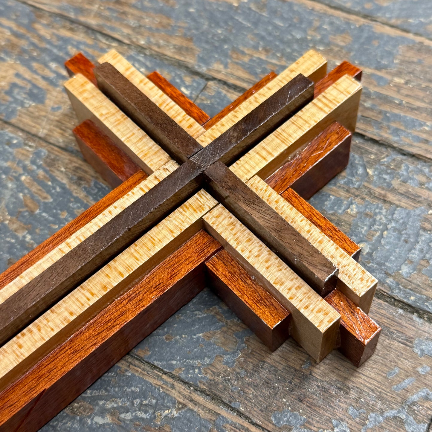 Handmade Layered Dimensional Natural Wooden Resurrection Cross Walnut Maple Blood Wood