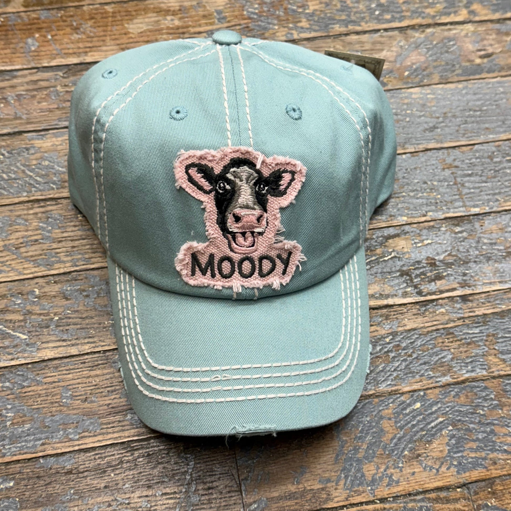 Moody Heifer Cow Patch Rugged Slate Teal Blue Embroidered Ball Cap