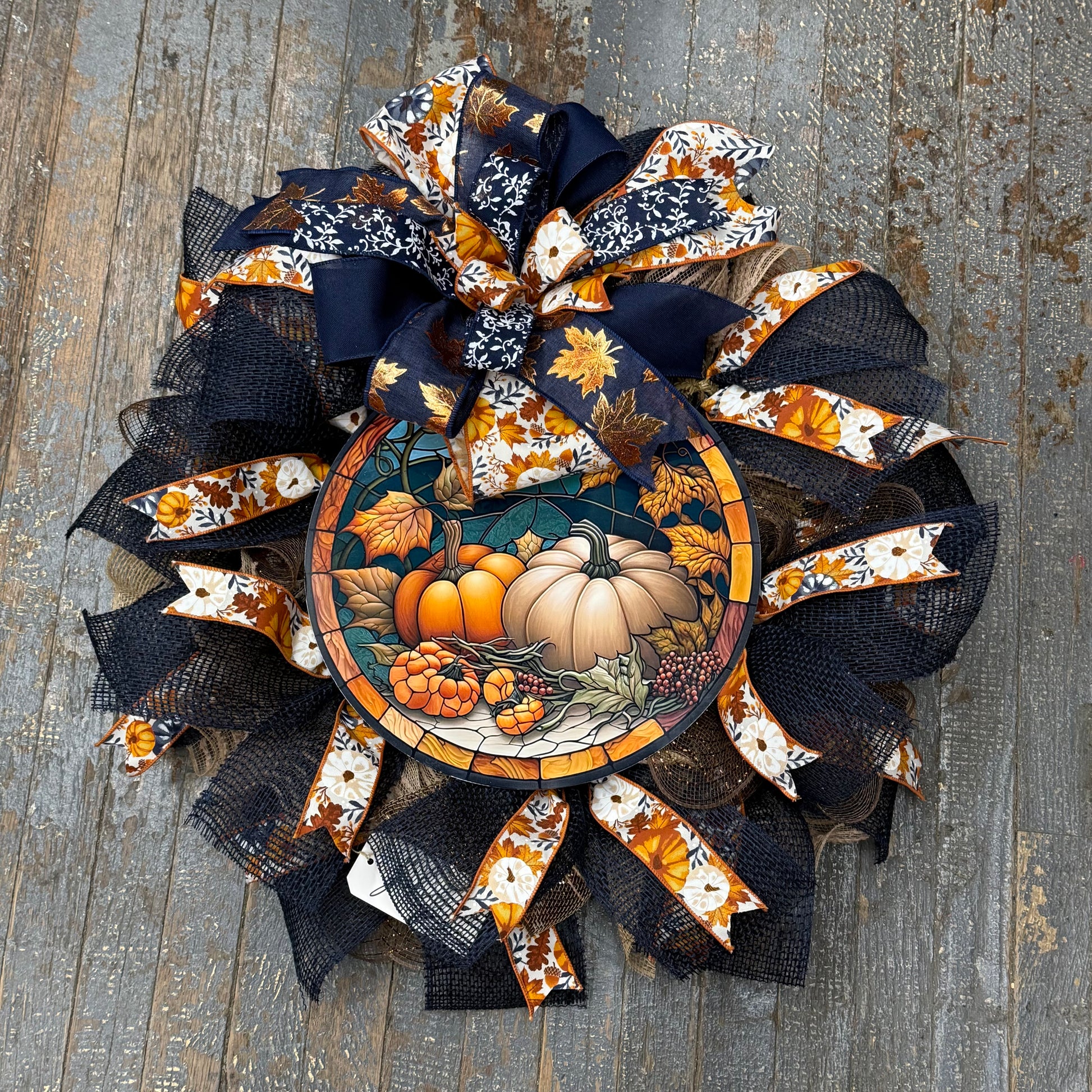 Autumn Fall Pumpkin Patch Navy Seasonal Holiday Wreath Door Hanger