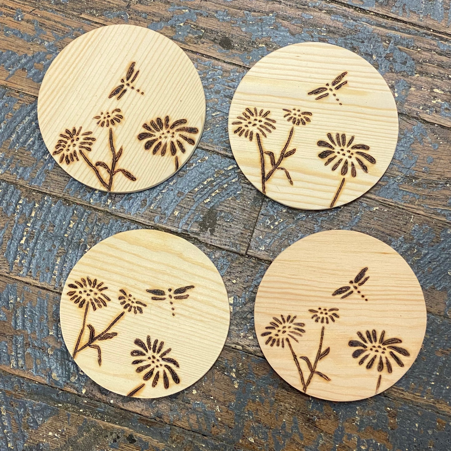 Hand Engraved Wood Coaster Set Dragonfly Garden