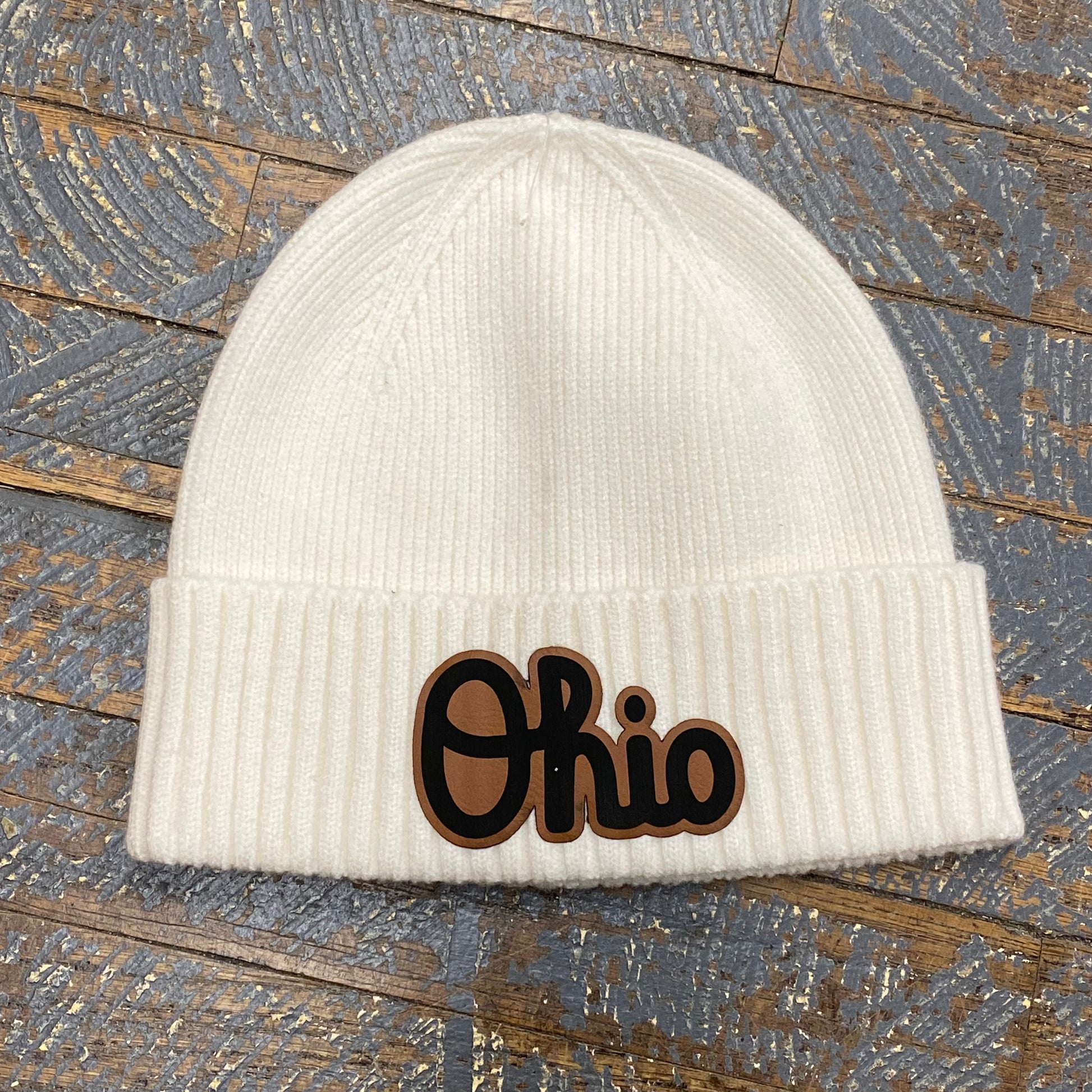 OHIO Script Leather Patch Beanie Ball Cap Ivory Cream