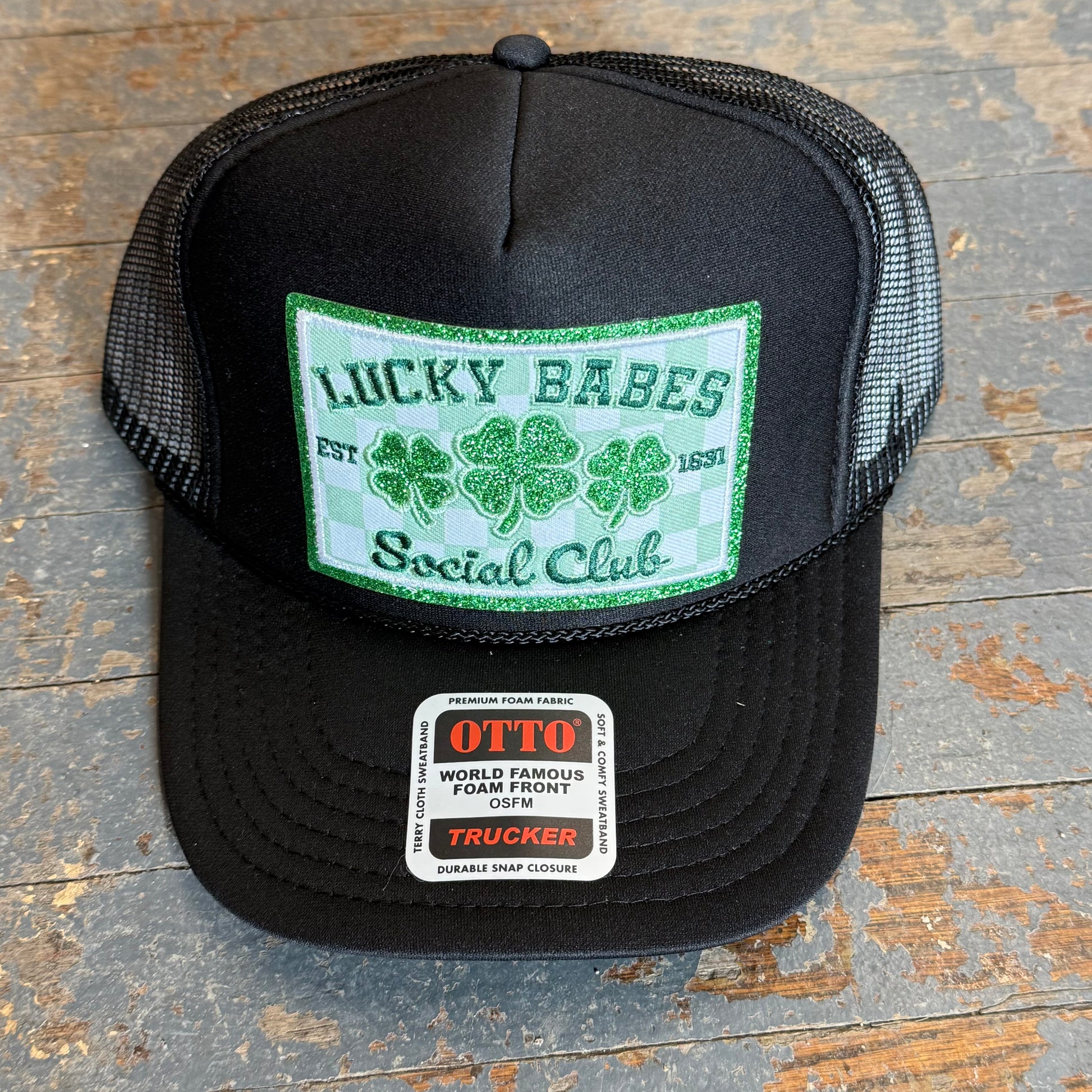 Lucky Babes Social Club Clover Glitter Patch Soft Trucker Ball Cap Black