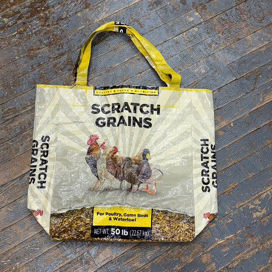 Upcycled Tote Purse Feed Bag Handmade Large Scratch Grains Poultry Yellow Handle Bag