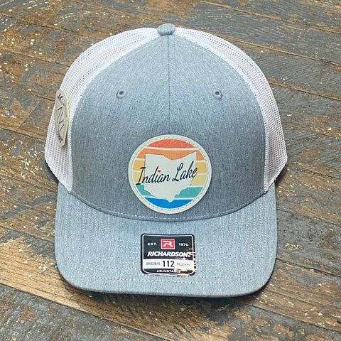 Indian Lake Ohio Color Line Leather Patch Trucker Ball Cap Grey White