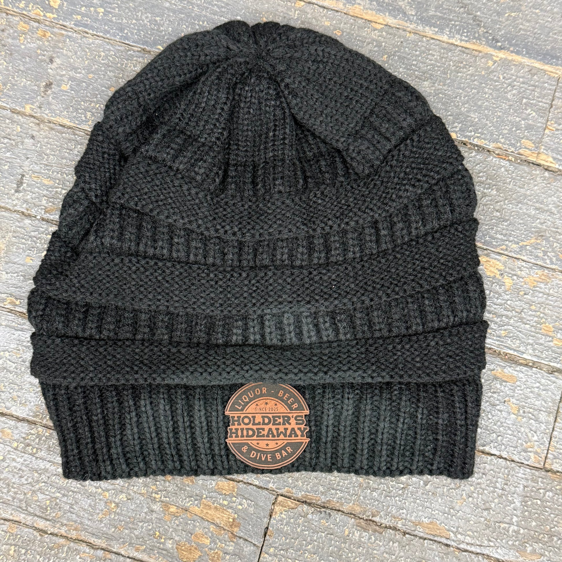 Holders Hideaway Leather Patch Beanie Ball Cap Ladies Knit Black