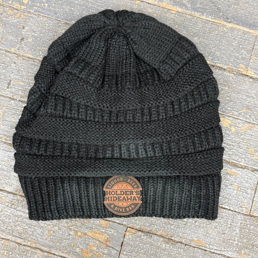 Holders Hideaway Leather Patch Beanie Ball Cap Ladies Knit Black