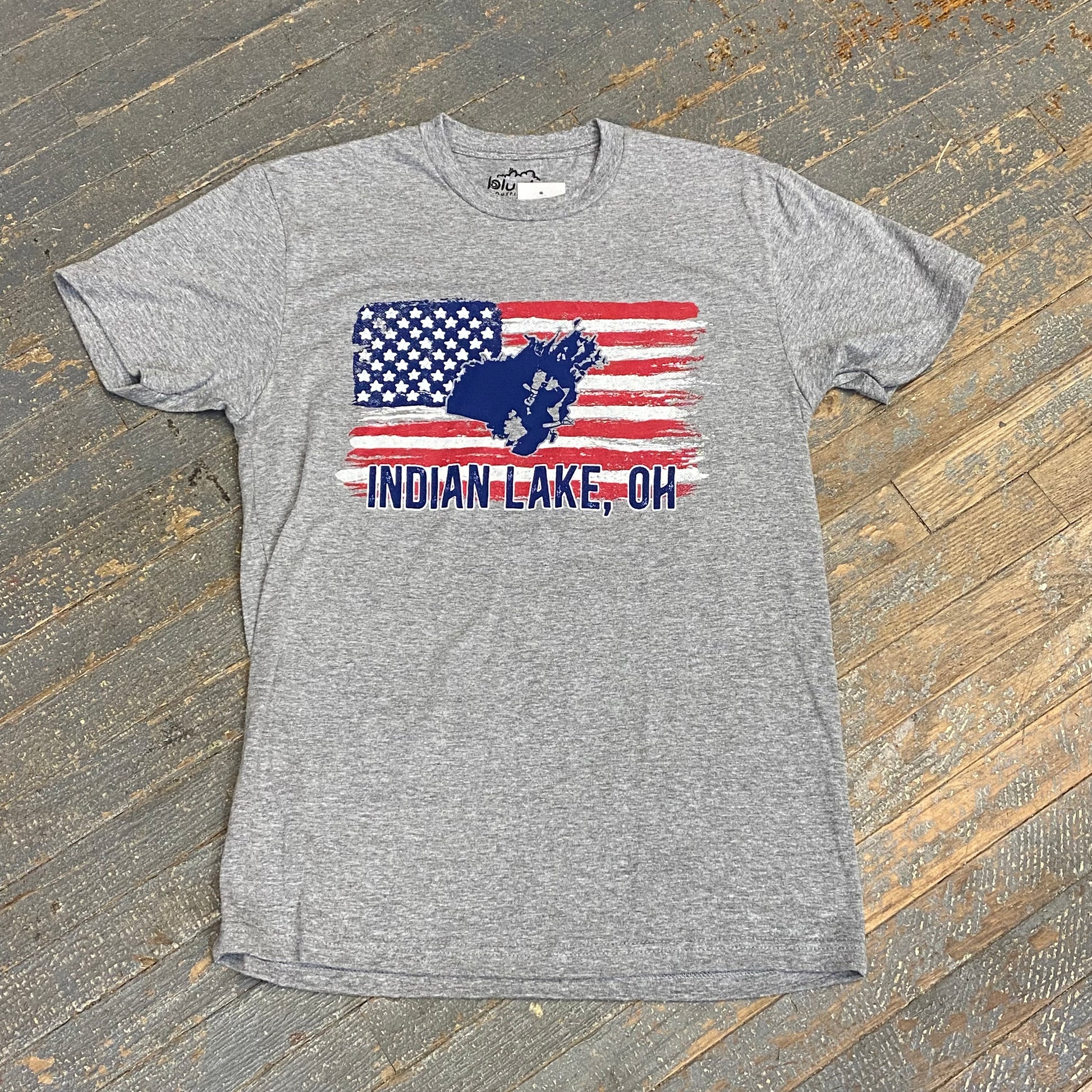 Indian Lake Ohio Map American Flag Grey Graphic Designer Short Sleeve T-Shirt