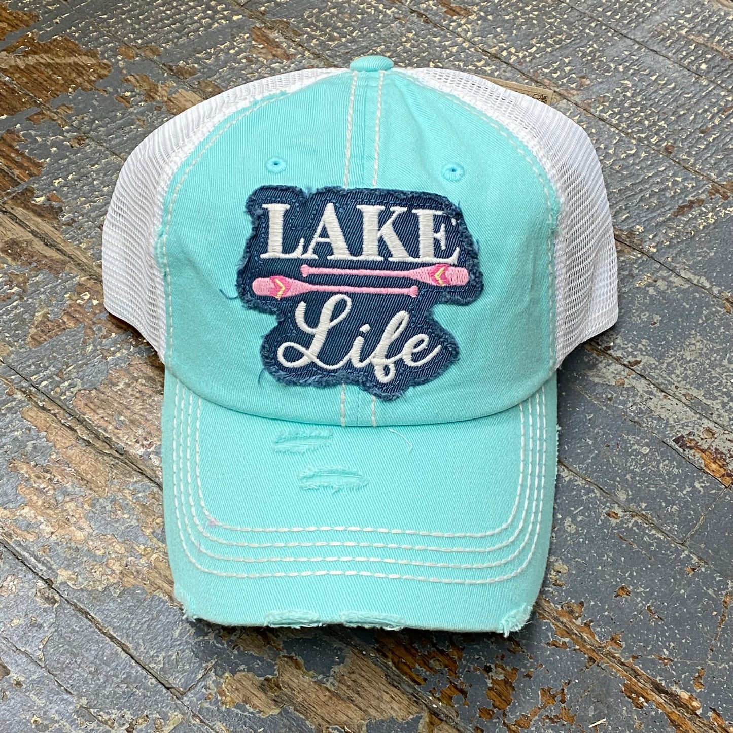 Lake Life Paddle Hat Aqua Turquoise Vintage Embroidered Patch Ball Cap