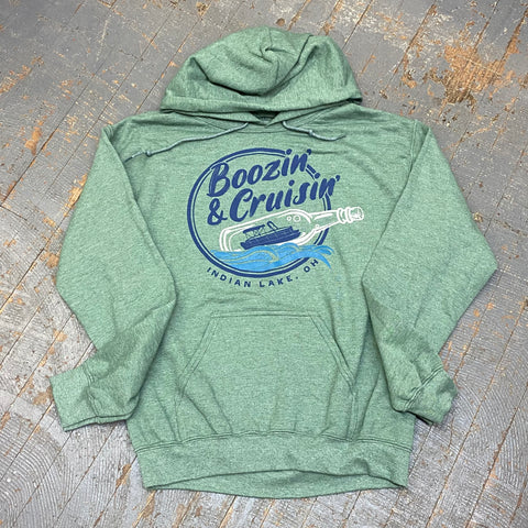 Boozin' Cruisin' Indian Lake OH Heather Hunter Green Graphic Designer Long Sleeve Sweatshirt Hoody