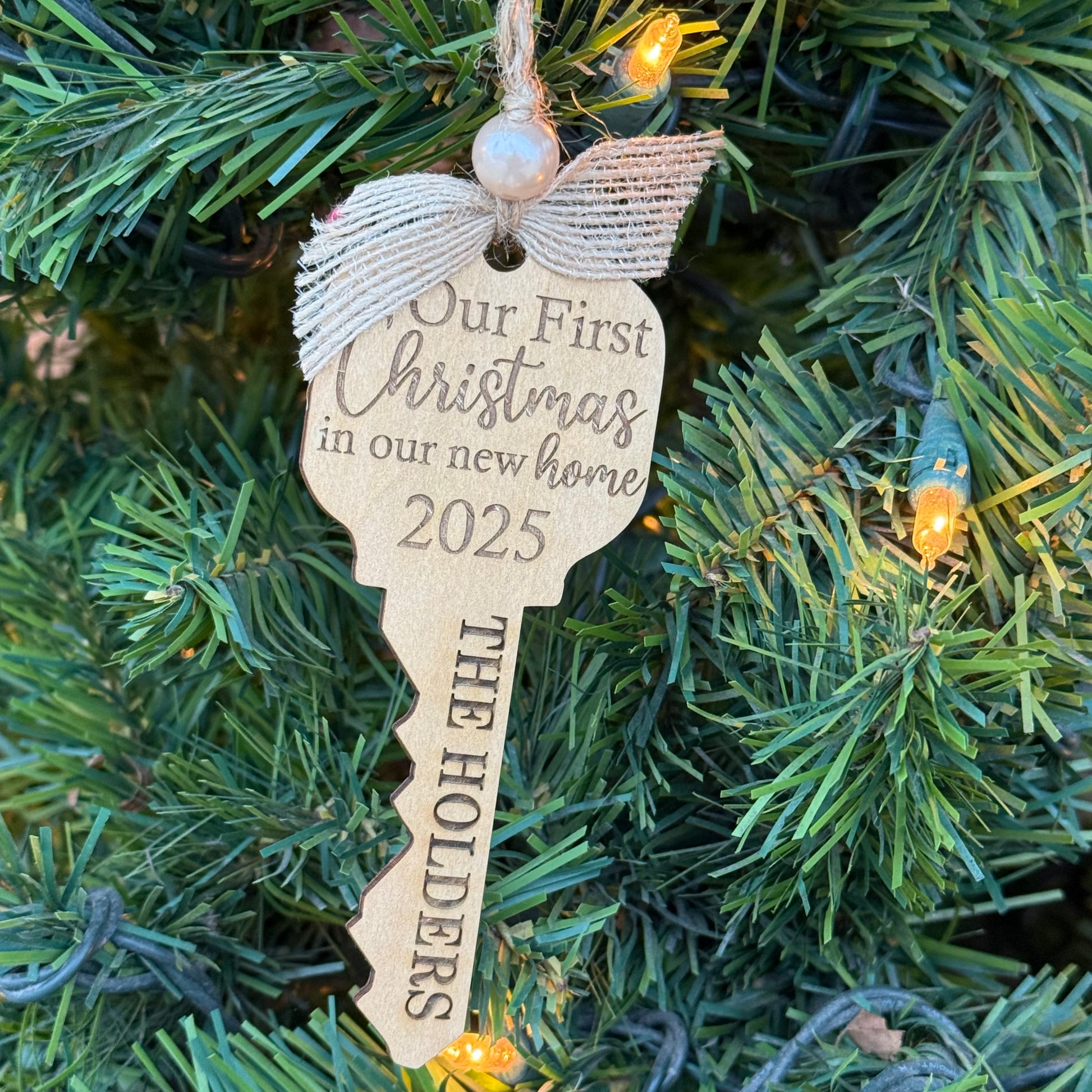 Custom First Christmas New Home Key Wood Engraved Ornament Basket Tag