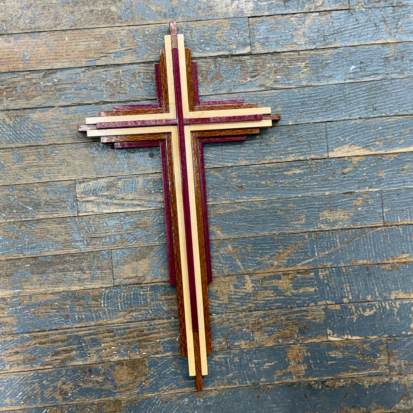 Handmade Layered Dimensional Natural Wooden Resurrection Cross Large Purple Heart Mesquite Maple Purple Heart