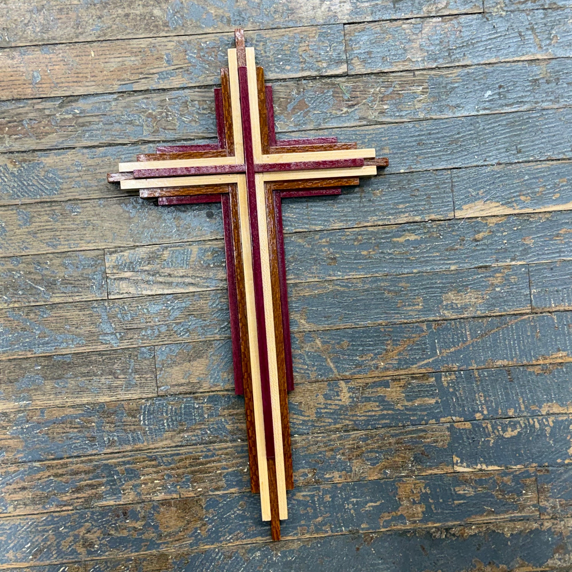 Handmade Layered Dimensional Natural Wooden Resurrection Cross Large Purple Heart Mesquite Maple Purple Heart