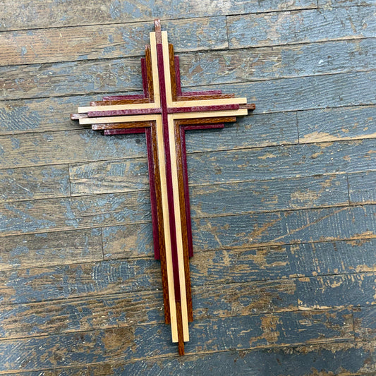 Handmade Layered Dimensional Natural Wooden Resurrection Cross Large Purple Heart Mesquite Maple Purple Heart