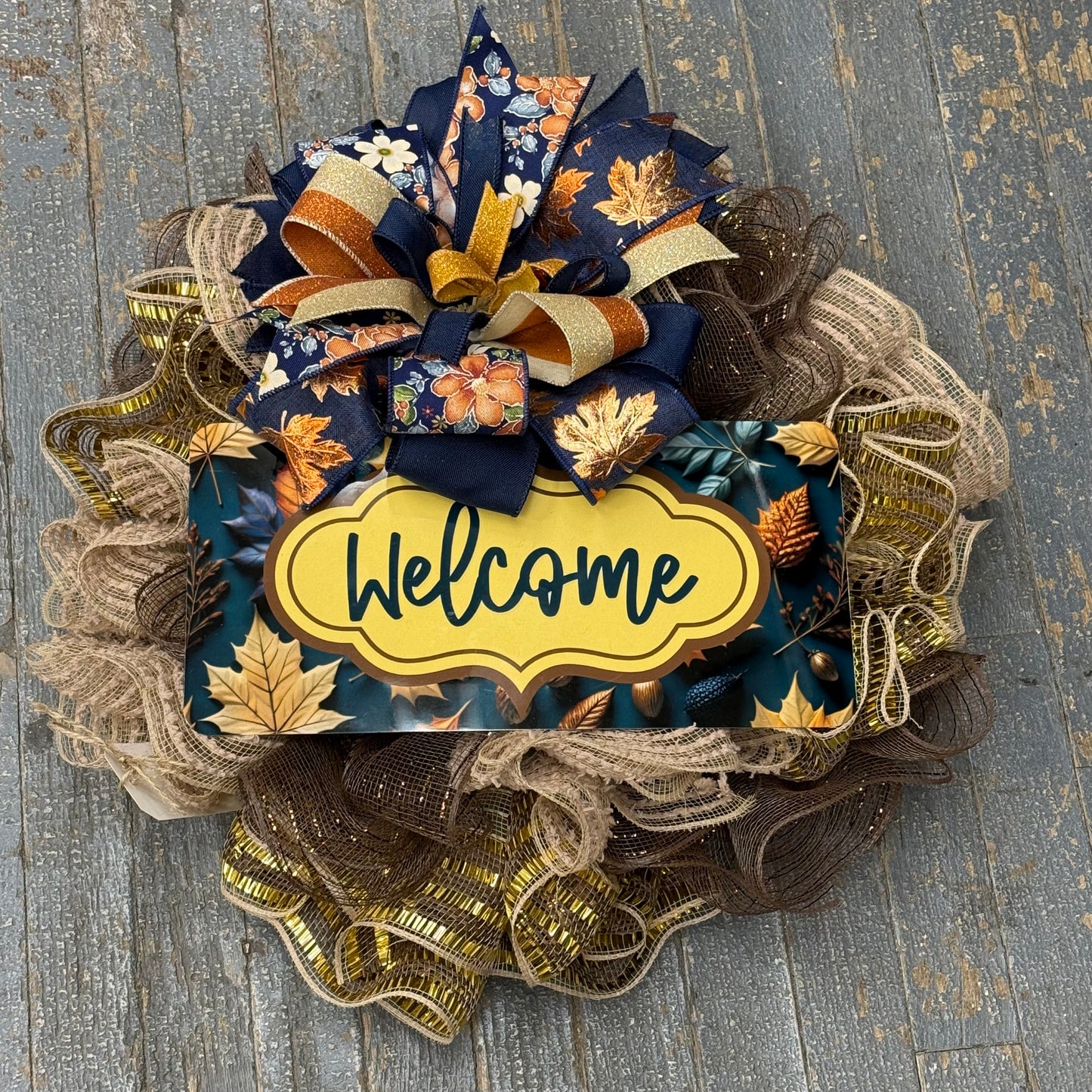 Autumn Fall Welcome Navy Gold Seasonal Holiday Wreath Door Hanger